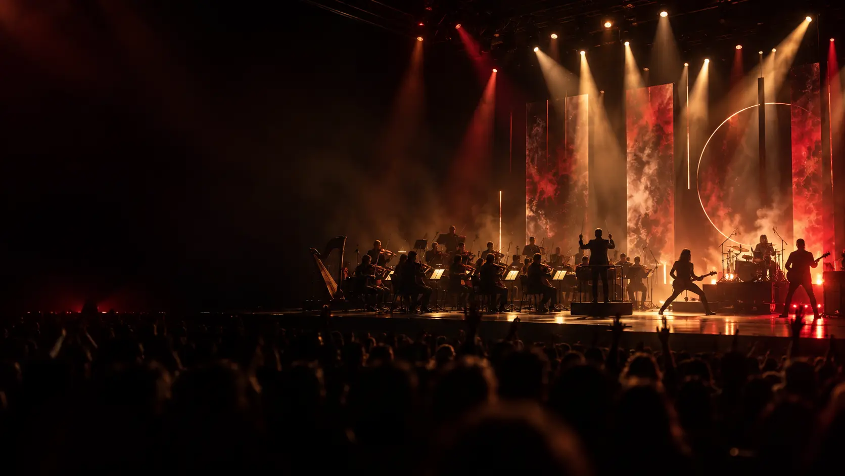 Une grande scène réunissant orchestre symphonique et groupe de rock sous des lumières rouges et dorées